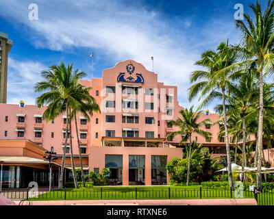 The Royal Hawaiian Hotel at Waikiki Beach, Oahu on April 29, 2014. Opened in 1927, the historic Royal Hawaiian is nicknamed the 'Pink Palace of the Pa Stock Photo