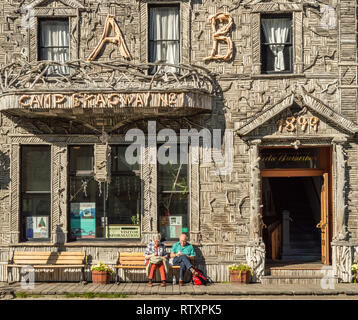 September 15, 2018 - Skagway, Alaska: Facade of historic Arctic Brotherhood Hall, build approx. 1899 and adorned with over 8,800 pieces of driftwood. Stock Photo