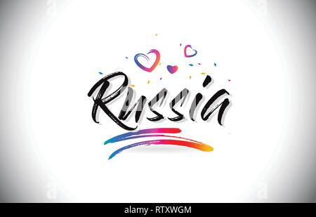 Russia Welcome To Word Text with Love Hearts and Creative Handwritten Font Design Vector Illustration. Stock Vector