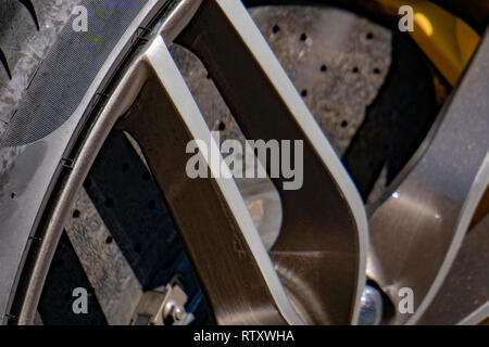 Race super car brake disc detail Stock Photo