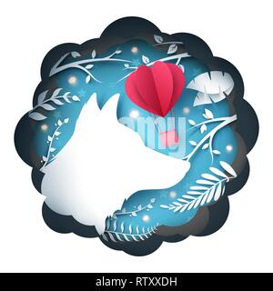 Origami wolf. Cartoon paper landscape. Stock Vector