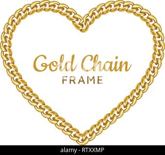 Gold chain heart love border frame. Wreath shape. Jewelry design. Stock Vector