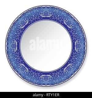 Decorative plate with white pattern on blue background. Vector illustration. Stock Vector