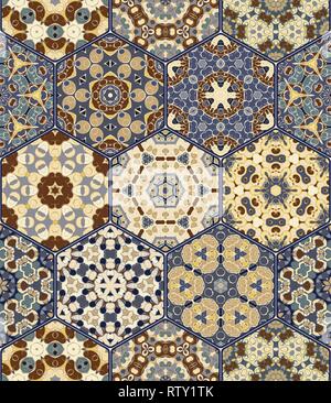 Seamless hexagonal mosaic tiles in vector set. Oriental and ethnic motifs in design patterns. Stock Vector