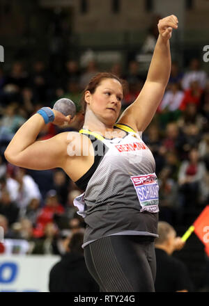 Germany's Christina Schwanitz in action during the Women's Shot Put during day three of the European Indoor Athletics Championships at the Emirates Arena, Glasgow. Stock Photo