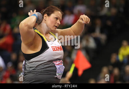 Germany's Christina Schwanitz in action during the Women's Shot Put during day three of the European Indoor Athletics Championships at the Emirates Arena, Glasgow. Stock Photo