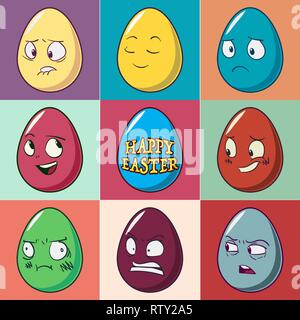 Easter eggs emoji set. Cute funny emotional icons. Happy emoticons. Smiling faces symbols. Vector illustration. Stock Vector