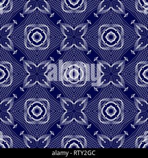 Blue and white Oriental pattern. Seamless symmetrical pattern of swirls, lines and stars. Vector illustration. Stock Vector