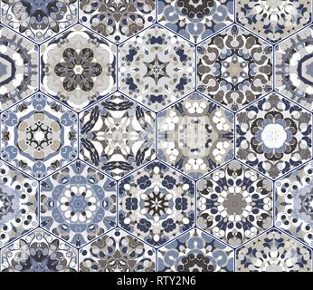 Seamless hexagonal mosaic tiles in vector set. Oriental and ethnic motifs in design patterns. Stock Vector