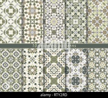Ten seamless patterns in Oriental style. Eastern ornaments for design fabric, wrapping paper or scrapbooking. Vector illustration in green colors. Stock Vector
