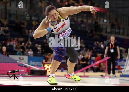 Germany's Christina Schwanitz in action during the Women's Shot Put during day three of the European Indoor Athletics Championships at the Emirates Arena, Glasgow. Stock Photo