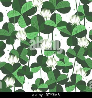 Floral vecror seamless pattern with clover leaves and flowers. Saint Patricks day background with shamrock. Ireland symbol of lucky ornament. Design w Stock Vector