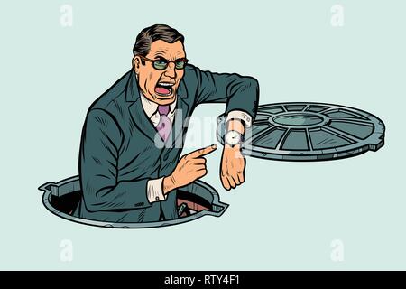 businessman was late because of road works. Pop art retro vector illustration kitsch vintage Stock Vector