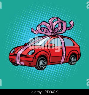 car gift, transport tied with festive ribbons. Pop art retro vector illustration drawing kitsch vintage Stock Vector