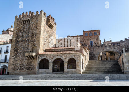 Tower of Bujaco beside Hermitage of La Paz is one of the main sights in Caceres (Spain) Stock Photo