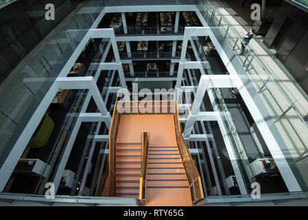 Looking down towards the ground floor banking chamber inside the renovated old Commonwealth Bank building in Martin Place, Sydney, Australia Stock Photo