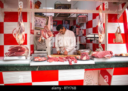 CASABLANCA, MOROCCO - MARCH 2, 2019:   Traditional butcher shop in Old Medina in Casablanca, Morocco. Stock Photo