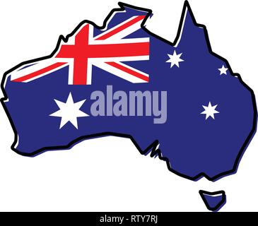 Simplified map of Australia outline, with slightly bent flag under it. Stock Vector