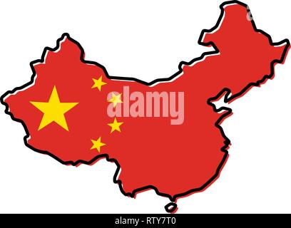 Simplified map of China outline, with slightly bent flag (yellow stars on red field) under it. Stock Vector