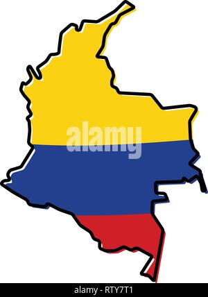 Simplified map of Colombia outline, with slightly bent flag under it. Stock Vector