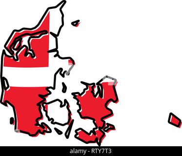 Simplified map of Denmark outline, with slightly bent flag under it. Stock Vector