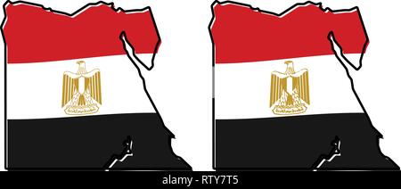 Simplified map of Egypt outline, with slightly bent flag under it. (Two versions, one with simpler coat of arms) Stock Vector