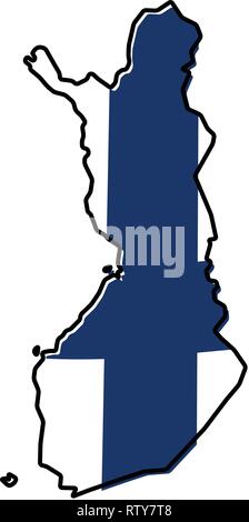 Simplified map of Finland outline, with slightly bent flag under it. Stock Vector