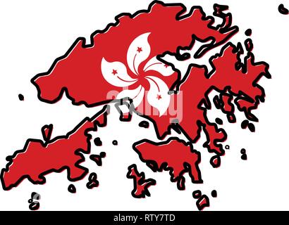 Simplified map of Hong Kong outline, with slightly bent flag under it. Stock Vector
