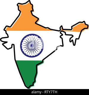 Simplified map of India outline, with slightly bent flag under it. Stock Vector
