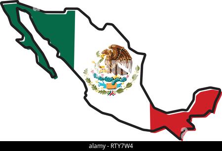 Simplified map of Mexico outline, with slightly bent flag under it. Stock Vector