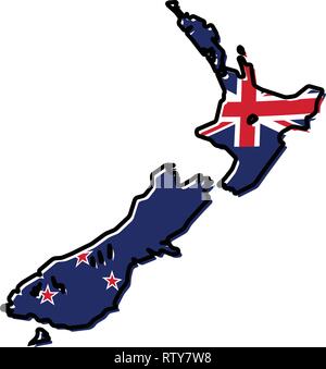 Simplified map of New Zealand outline, with slightly bent flag under it. Stock Vector