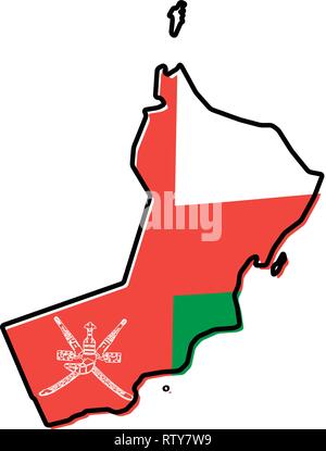 Simplified map of Oman outline, with slightly bent flag under it. Stock Vector