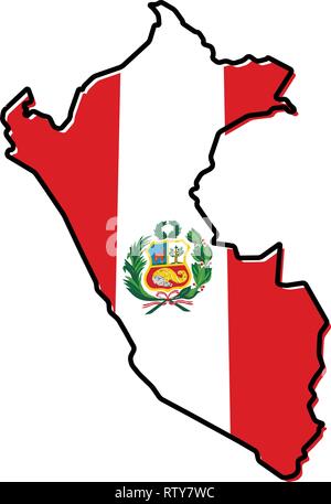 Simplified map of Peru outline, with slightly bent flag under it. Stock Vector