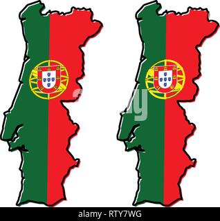 Simplified map of Portugal outline, with slightly bent flag under it. (Two versions, one with simpler coat of arms) Stock Vector
