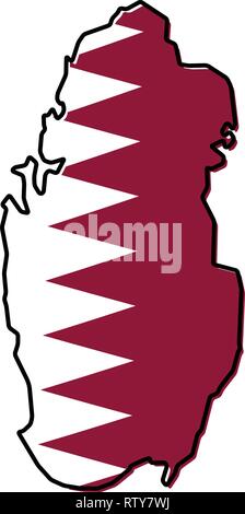 Simplified map of Qatar outline, with slightly bent flag under it. Stock Vector