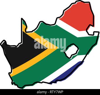 Simplified map of South Africa outline, with slightly bent flag under it. Stock Vector