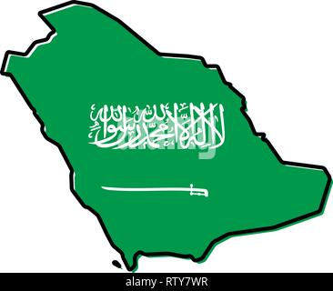 Simplified map - Kingdom of Saudi Arabia (KSA) outline, with slightly bent flag under it. Stock Vector