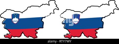 Simplified map of Slovenia outline, with slightly bent flag under it. (Two versions, one with simpler coat of arms) Stock Vector