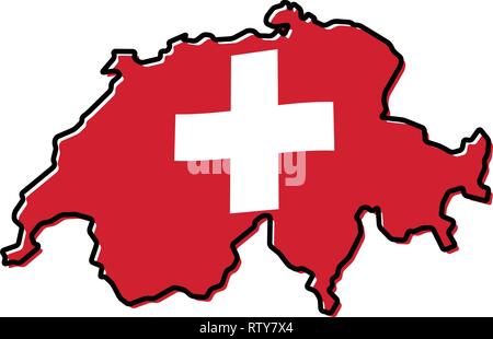 Simplified map of Switzerland outline, with slightly bent flag under it. Stock Vector