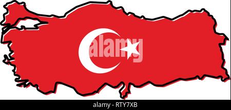 Simplified map of Turkey outline, with slightly bent flag under it. Stock Vector