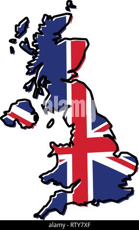 Simplified map of United Kingdom outline, with slightly bent Union Jack flag under it. Stock Vector