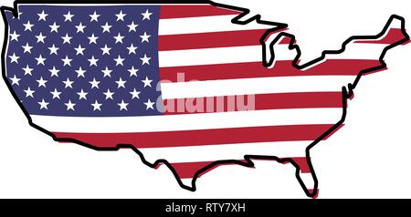 Simplified map - United states of America outline, with slightly bent American flag under it. Stock Vector