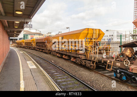 UK, Belfast, four Freight Wagons at Belfast Lanyon Station Stock Photo