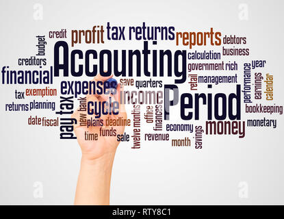Accounting period word cloud and hand with marker concept on white background. Stock Photo