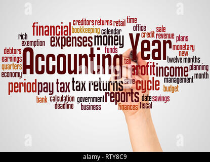 Accounting year word cloud and hand with marker concept on white background. Stock Photo