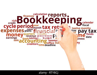Bookkeeping word cloud hand writing concept on white background. Stock Photo