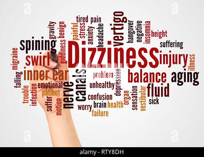 Dizziness word cloud and hand with marker concept on white background. Stock Photo