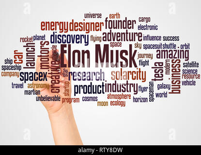 Elon Musk word cloud and hand with marker concept on white background. Stock Photo