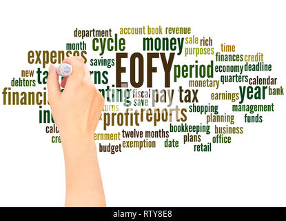 EOFY - End of Financial Year word cloud hand writing concept on white background. Stock Photo