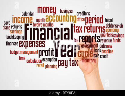 Financial year word cloud and hand with marker concept on white background. Stock Photo